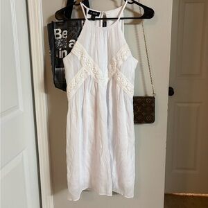 Amy Byer White Crochet-Trim Halter Mini Dress